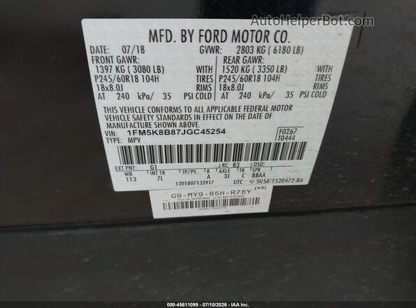 1FM5K8B87JGC45254 2018 FORD EXPLORER Black Вид підкапотного простору