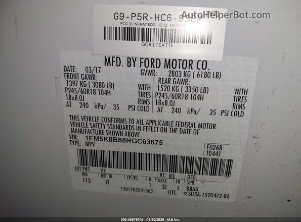 1FM5K8B88HGC63675 2017 FORD EXPLORER White Widok komory silnika