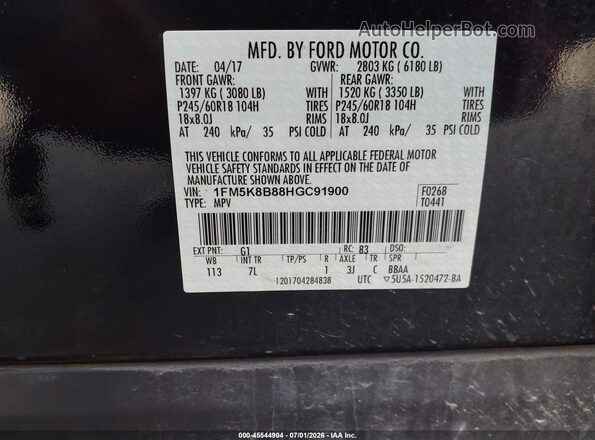 1FM5K8B88HGC91900 2017 FORD EXPLORER Black Vista del compartimento del motor
