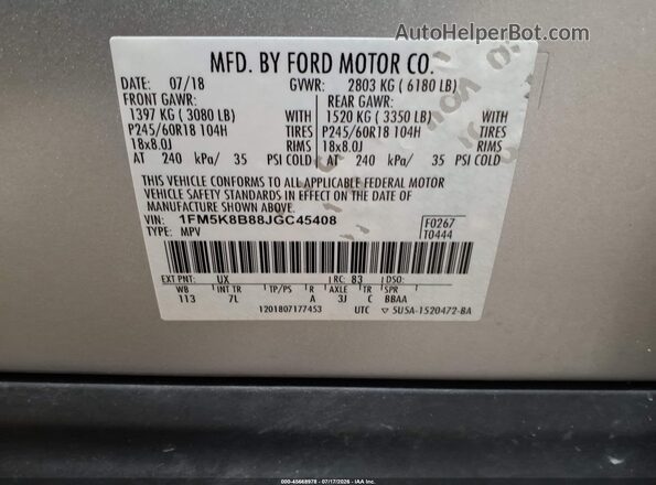 1FM5K8B88JGC45408 2018 FORD EXPLORER Silver Widok komory silnika
