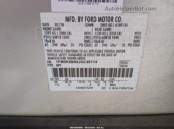 1FM5K8B89JGC45174 2018 FORD EXPLORER Silver Vista del compartimento del motor