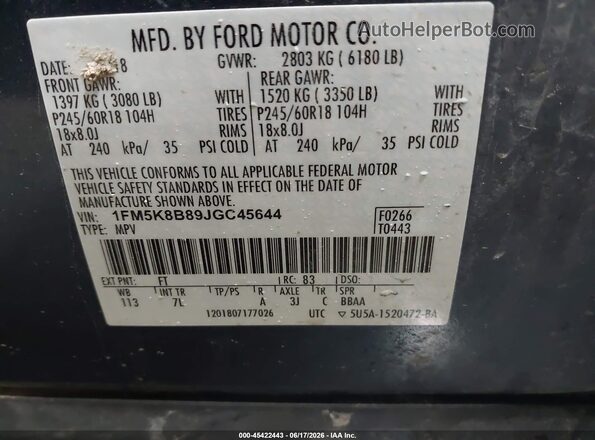 1FM5K8B89JGC45644 2018 FORD EXPLORER Blue Вид підкапотного простору