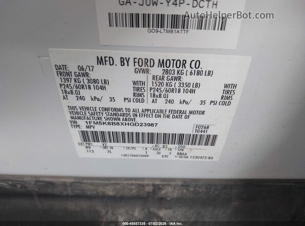 1FM5K8B8XHGD23987 2017 FORD EXPLORER White Vista del compartimento del motor