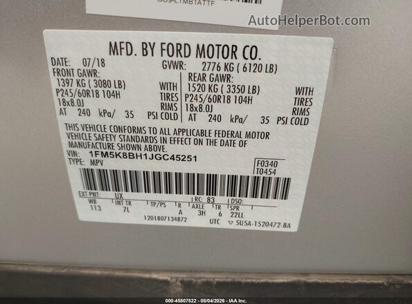 1FM5K8BH1JGC45251 2018 FORD EXPLORER Silver Widok komory silnika