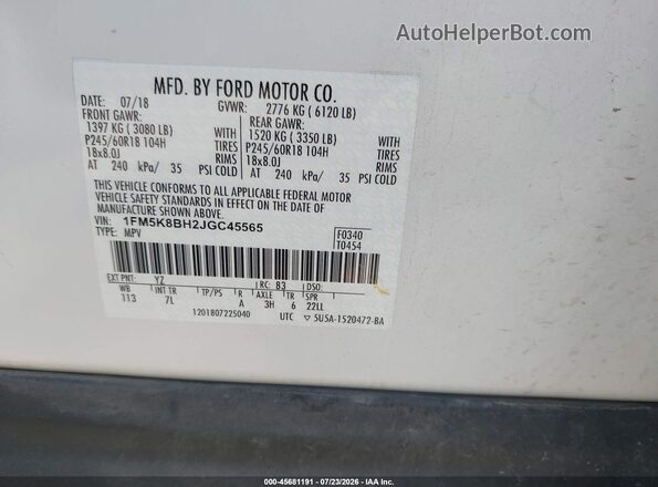 1FM5K8BH2JGC45565 2018 FORD EXPLORER White ძრავის განყოფილების ხედი