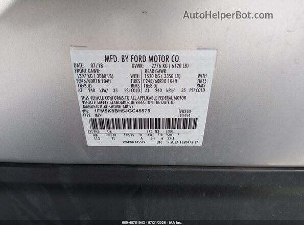 1FM5K8BH5JGC45575 2018 FORD EXPLORER Silver ძრავის განყოფილების ხედი