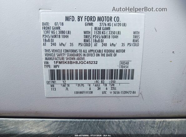 1FM5K8BH8JGC45232 2018 FORD EXPLORER White Widok komory silnika