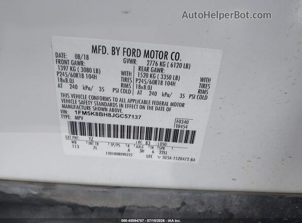1FM5K8BH8JGC57137 2018 FORD EXPLORER White Widok komory silnika
