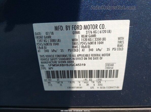 1FM5K8BH9JGC45319 2018 FORD EXPLORER Blue Вид підкапотного простору