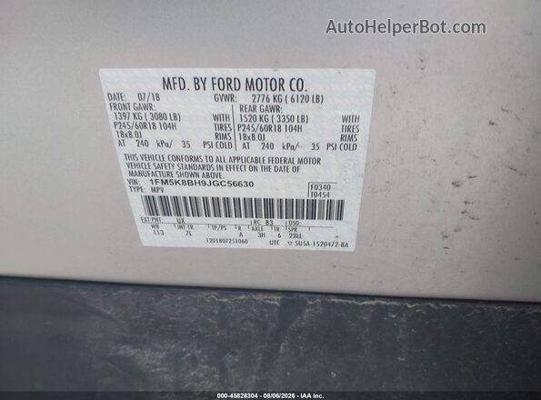1FM5K8BH9JGC56630 2018 FORD EXPLORER White Widok komory silnika