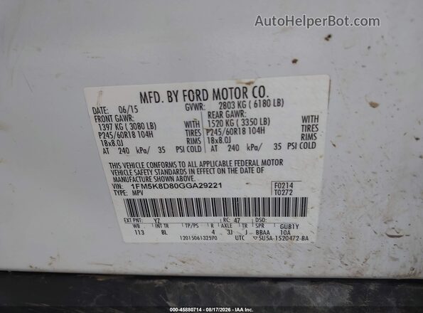 1FM5K8D80GGA29221 2016 FORD EXPLORER Белый Вид подкапотного пространства