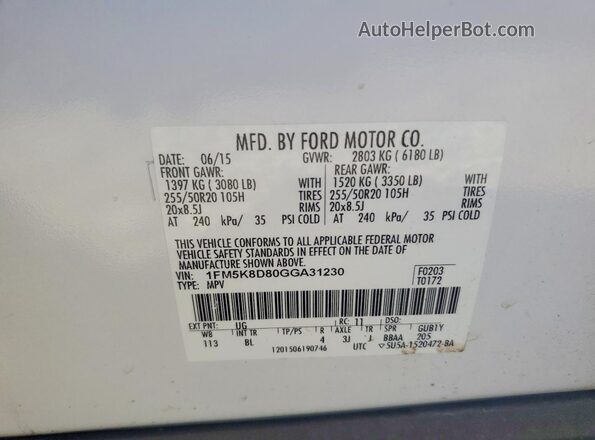1FM5K8D80GGA31230 2016 FORD EXPLORER White Вид наклейки з VIN-кодом