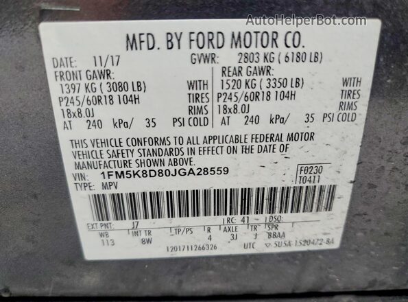 1FM5K8D80JGA28559 2018 FORD EXPLORER Gray Widok wnętrza 360 stopni