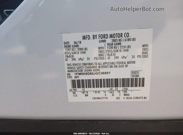 1FM5K8D80JGC06891 2018 FORD EXPLORER Белый Вид подкапотного пространства