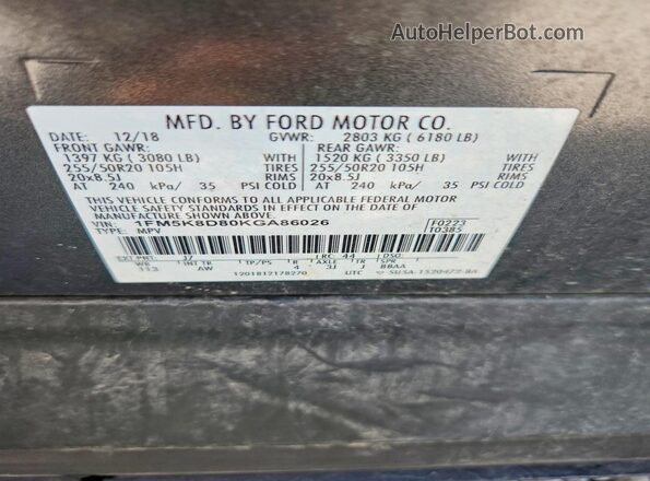 1FM5K8D80KGA86026 2019 FORD EXPLORER Gray Widok naklejki z numerem VIN