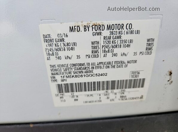 1FM5K8D81GGC52402 2016 FORD EXPLORER Белый Вид наклейки с VIN-кодом