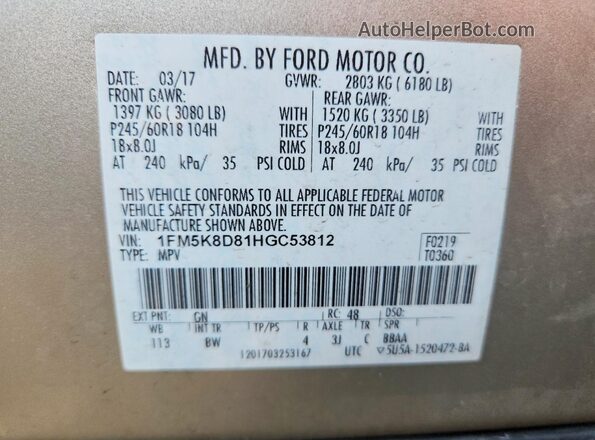 1FM5K8D81HGC53812 2017 FORD EXPLORER Gold Vista interior de 360 grados