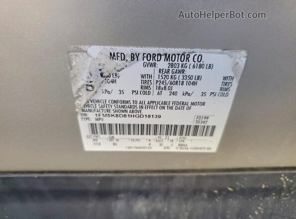 1FM5K8D81HGD18139 2017 FORD EXPLORER Beige Widok naklejki z numerem VIN