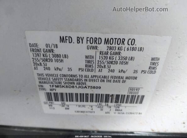 1FM5K8D81JGA75809 2018 FORD EXPLORER White Vista del compartimento del motor