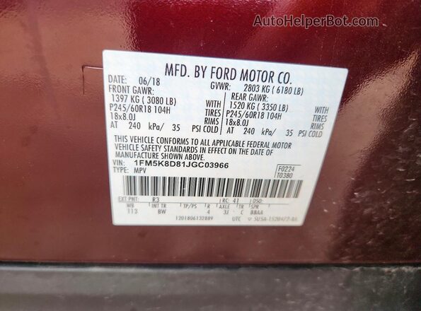 1FM5K8D81JGC03966 2018 FORD EXPLORER Burgundy Vista del compartimento del motor