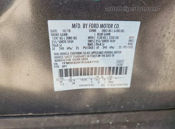 1FM5K8D81KGA41113 2019 FORD EXPLORER Charcoal Vista de la etiqueta del VIN