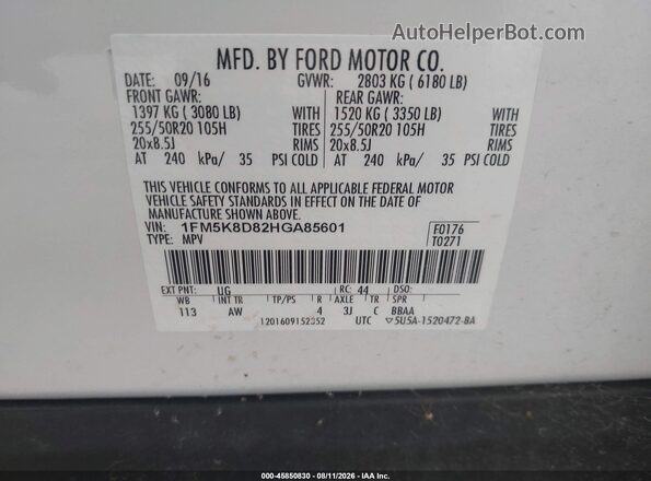 1FM5K8D82HGA85601 2017 FORD EXPLORER Белый Вид подкапотного пространства
