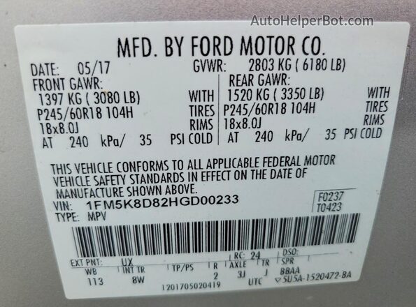 1FM5K8D82HGD00233 2017 FORD EXPLORER Silver VIN sticker view