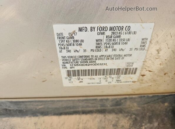 1FM5K8D82HGD03231 2017 FORD EXPLORER Silver Vista de la etiqueta del VIN