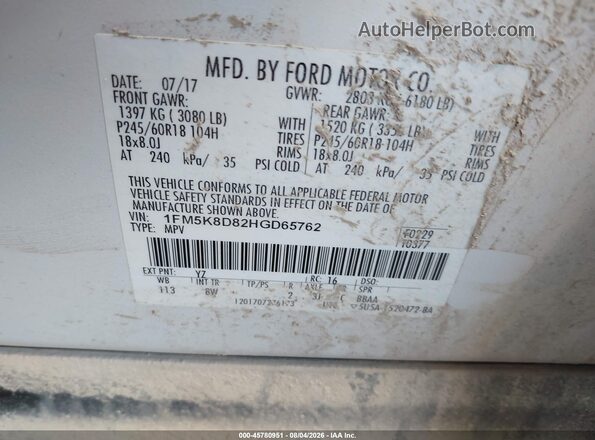 1FM5K8D82HGD65762 2017 FORD EXPLORER White Вид підкапотного простору