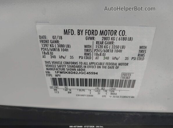 1FM5K8D82JGC45594 2018 FORD EXPLORER White Вид підкапотного простору