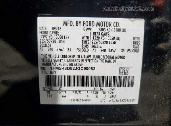 1FM5K8D82JGC90082 2018 FORD EXPLORER Black Вид наклейки з VIN-кодом