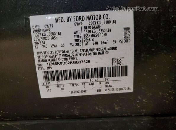 1FM5K8D82KGB37526 2019 FORD EXPLORER Charcoal Vista interior de 360 grados