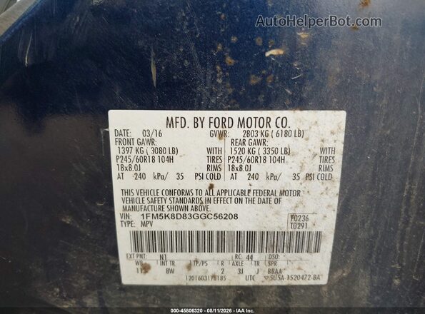 1FM5K8D83GGC56208 2016 FORD EXPLORER Blue Вид підкапотного простору