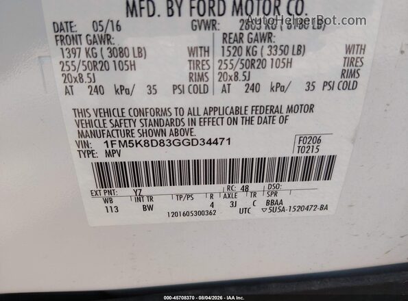 1FM5K8D83GGD34471 2016 FORD EXPLORER White Вид підкапотного простору