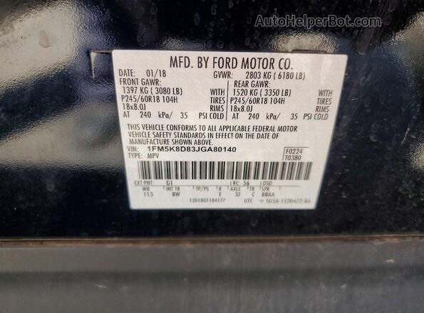 1FM5K8D83JGA80140 2018 FORD EXPLORER Black Widok naklejki z numerem VIN