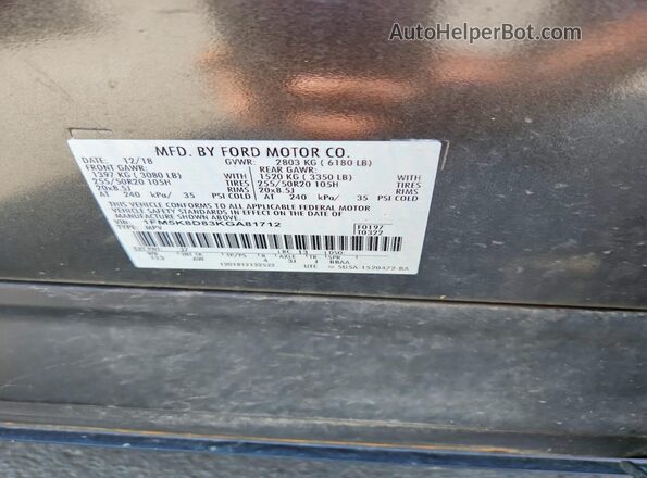 1FM5K8D83KGA81712 2019 FORD EXPLORER Black VIN კოდის სტიკერის ხედი