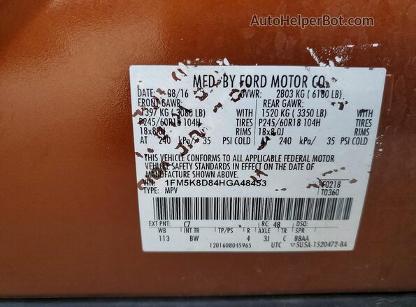 1FM5K8D84HGA48453 2017 FORD EXPLORER Orange VIN sticker view