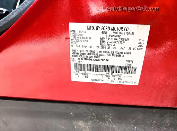 1FM5K8D84JGC26058 2018 FORD EXPLORER Red Vista de la etiqueta del VIN