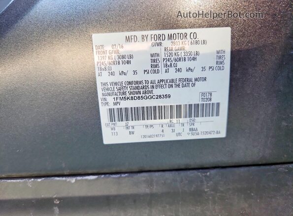 1FM5K8D85GGC28359 2016 FORD EXPLORER Gray VIN sticker view