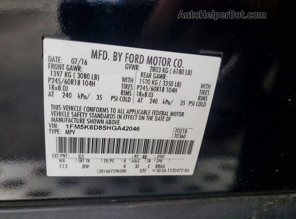 1FM5K8D85HGA42046 2017 FORD EXPLORER Black VIN კოდის სტიკერის ხედი