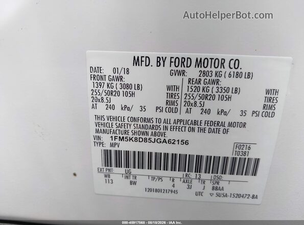 1FM5K8D85JGA62156 2018 FORD EXPLORER Белый Вид подкапотного пространства