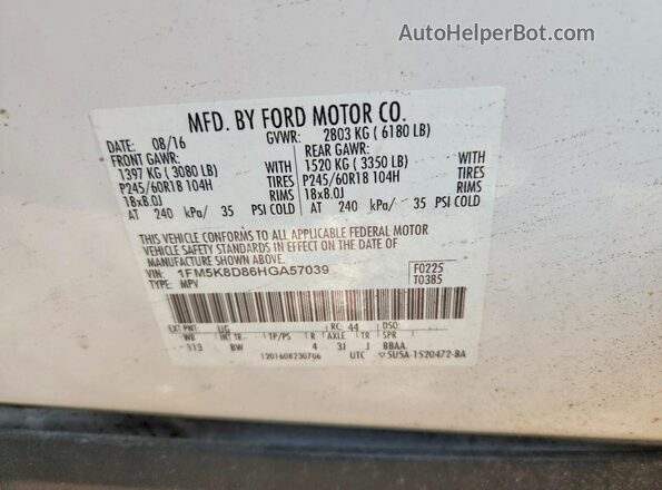 1FM5K8D86HGA57039 2017 FORD EXPLORER White Vista interior de 360 grados