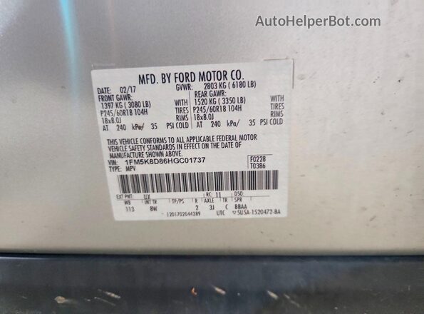 1FM5K8D86HGC01737 2017 FORD EXPLORER Silver Вид наклейки з VIN-кодом
