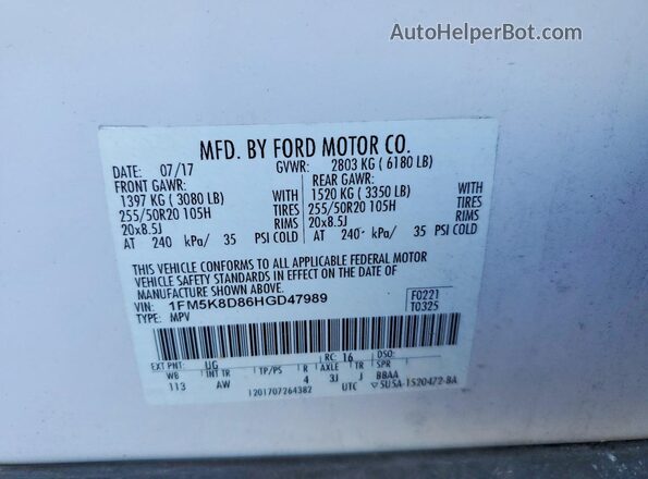 1FM5K8D86HGD47989 2017 FORD EXPLORER White Вид підкапотного простору