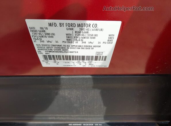 1FM5K8D86JGC60731 2018 FORD EXPLORER Red Widok komory silnika