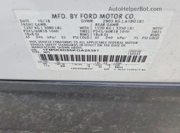 1FM5K8D86KGA26381 2019 FORD EXPLORER White VIN კოდის სტიკერის ხედი