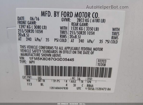 1FM5K8D87GGD35445 2016 FORD EXPLORER White Engine compartment view