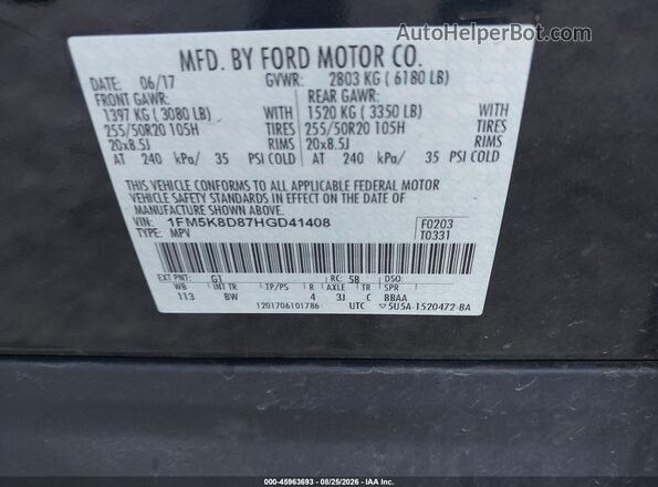 1FM5K8D87HGD41408 2017 FORD EXPLORER Black Vista del compartimento del motor