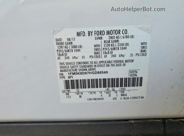 1FM5K8D87HGD88549 2017 FORD EXPLORER White Vista de la etiqueta del VIN