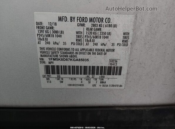 1FM5K8D87KGA85035 2019 FORD EXPLORER Белый Вид подкапотного пространства